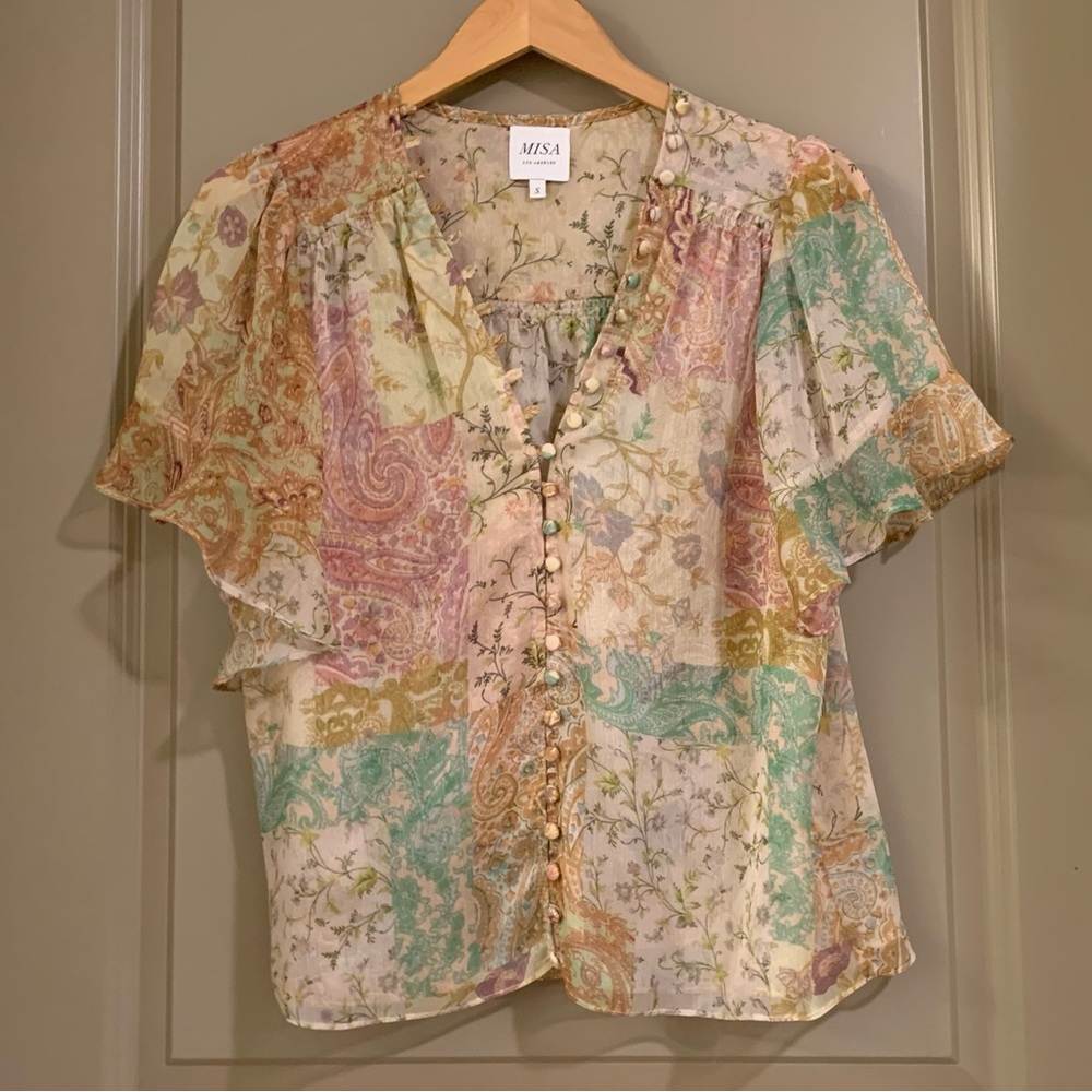 Misa Para Sheer Chiffon Blouse Top in Ischia Paisley Size S - Picture 5 of 16